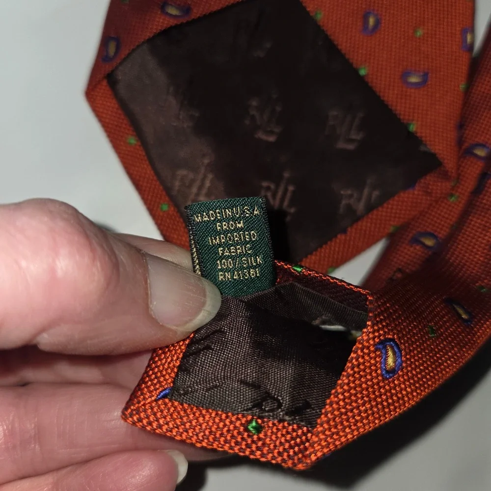 Lauren Ralph Lauren Necktie Mens OS‎ Orange Paisley Silk Hand Finished USA Made
